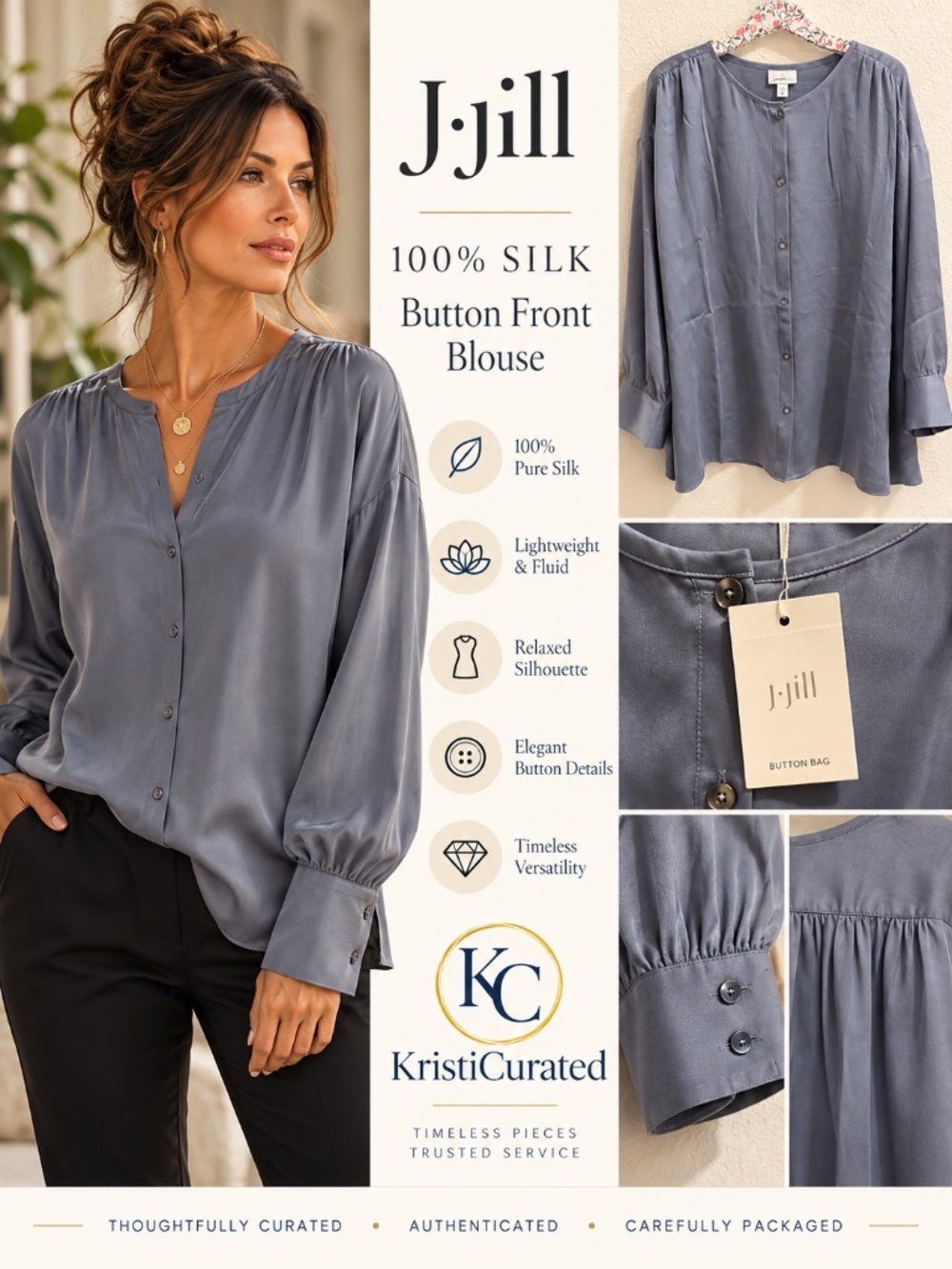 J.Jill 100% Silk Button Front Blouse Slate Gray XL NWT